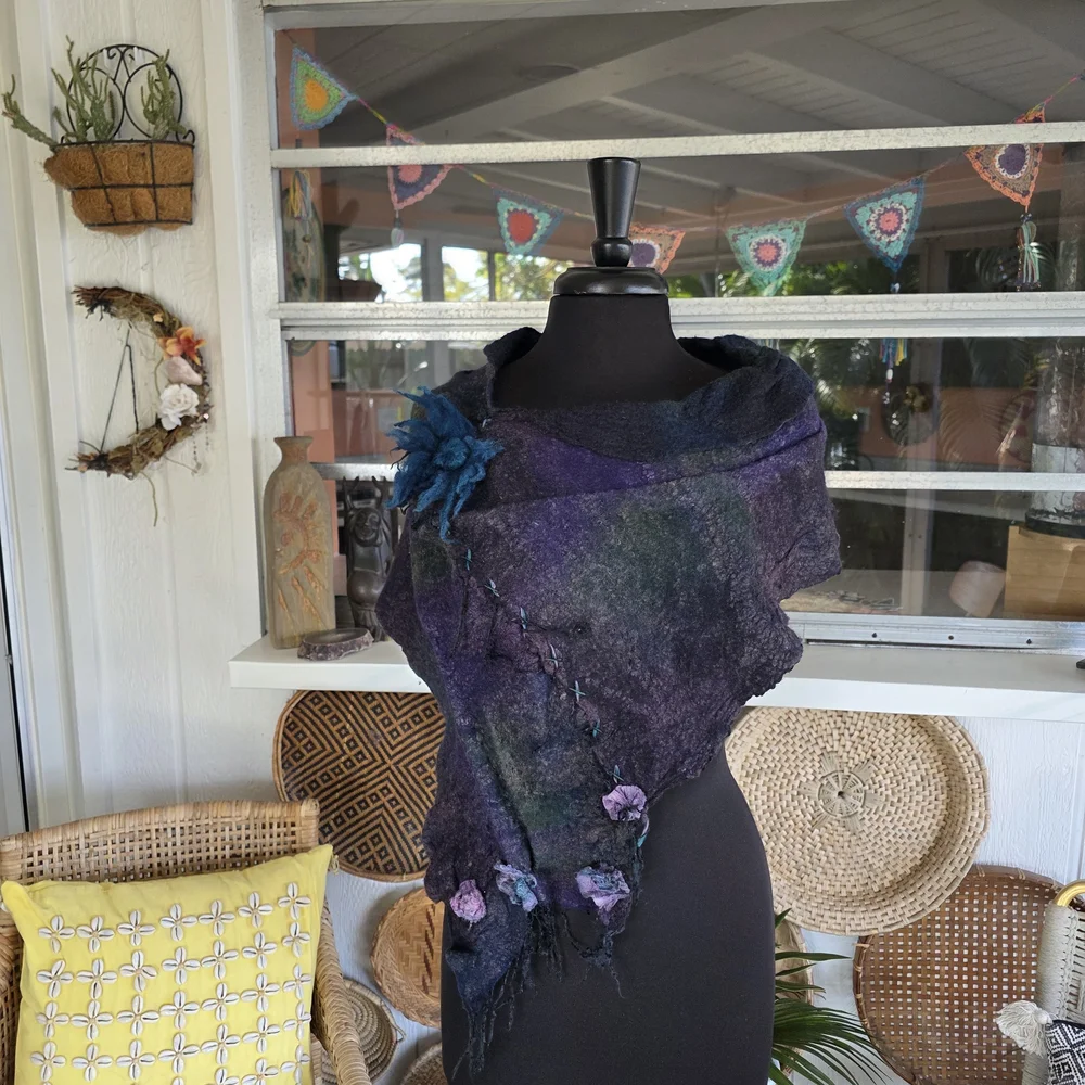 Handmade Nuno Felted Wool Scarf Artisan Boho Chic Bohemian Collar Artsy